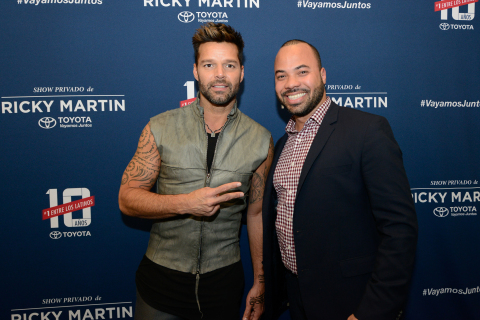 Grammy Award-winning artist, Ricky Martin and Javier Moreno, Toyota spokesperson, together for a private show presented by Toyota to say "gracias" to Toyota Latino owners for making them the #1 brand for 10 consecutive years. The private show was held at the Nokia Theatre L.A. LIVE on Tuesday, March 17, 2015. (Photo: Business Wire)