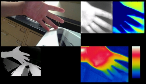 A composite image showing the multiple sensing capabilities of a prototype medical sensing device developed by GE researchers with the U.S. Department of Veterans Affairs (VA) Center for Innovation. The device is now in testing with the VA to assess and monitor the progression of pressure ulcers, or bed sores. Here, a GE researcher captures an image of his hand to demonstrate the variety of images the device can show. Top-Left: Visual RGB Image; bottom-left: 3D Image; top-right: Multi-spectral Imaging and Recovered Feature Map and bottom-right: Thermal Imaging. Each of these provides insights to help assess whether a bed sore may be healing, getting worse or becoming infected.
