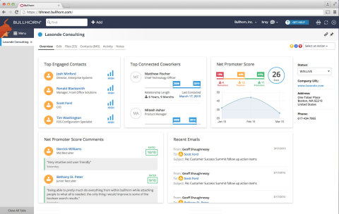 Built with Bullhorn’s patented email tracking system at its core, Pulse automatically mines email communications, analyzes them in real-time, and provides valuable, digestible intelligence at a glance – from the overall strength of an organizational relationship, to details on who has the longest history with a customer, or who is most deeply engaged. (Graphic: Business Wire)