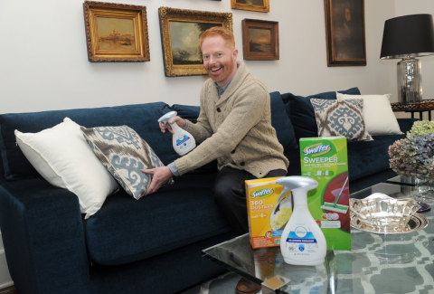 Jesse Tyler Ferguson uses Febreze Fabric Refresher Allergen Reducer, Unscented to reduce inanimate allergens while spring cleaning, Monday, March 23, 2015, in New York. The product is the first in its category to be Certified asthma & allergy friendly by the Asthma and Allergy Foundation of America.  (Photo by Diane Bondareff/Invision for Procter & Gamble/AP Images)