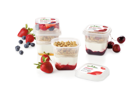 Evolution Fresh™ Greek Yogurt Parfaits, Inspired by Dannon will be available in 6,000 Starbucks stores nationwide in May; year-round in Strawberry and Dark Sweet Cherry varieties, and seasonally with Fresh Berries and Honey options. (Photo: Business Wire)