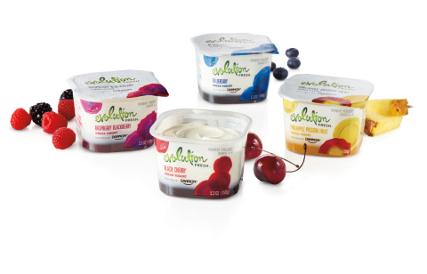 Evolution Fresh™ Fruit on the Bottom Greek Yogurt, Inspired by Dannon hits grocery store shelves this summer in four delicious flavors: Blueberry, Black Cherry, Pineapple Passion Fruit and Raspberry Blackberry. (Photo: Business Wire)