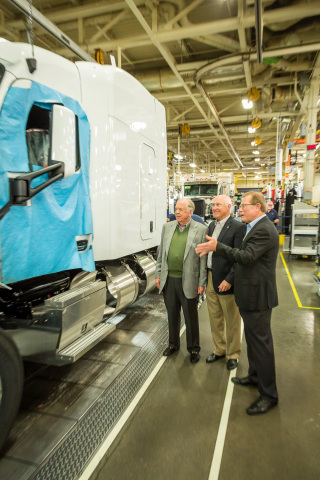 From left: T. Boone Pickens, Founder, BP Capital; Stephen Silverman, Chief Operating Officer, Raven Transport; W.M. "Rusty" Rush, CEO and President, Rush Enterprises, observing the new Raven LNG trucks at the Peterbilt Motors assembly plant in Denton, Texas. (Photo: Business Wire)