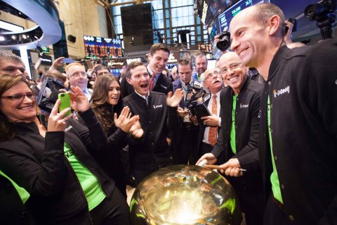 GoDaddy CEO, Blake Irving, rings the First Trade Bell on the NYSE trading floor to celebrate the company's first trade of NYSE:GDDY (Photo: Business Wire)