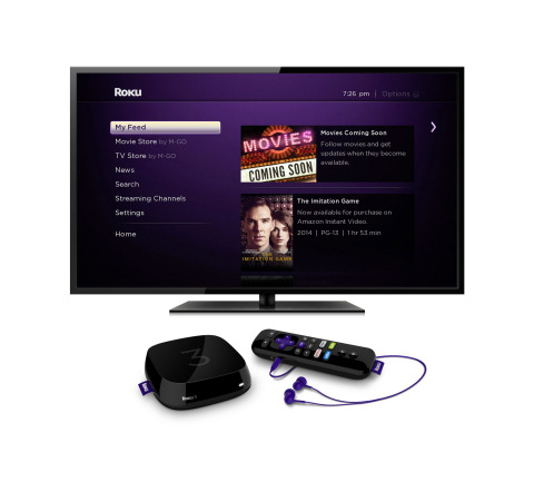 The Roku home screen featuring Movies Coming Soon and new Roku 3 player with voice search (Photo: Business Wire)
