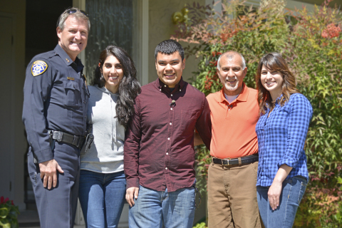 PulsePoint citizen responder, Walter Huber, and cardiac arrest survivor, Farid Rashti, meet for the first time. L to R: Steve Drewniany, Deputy Chief, Sunnyvale Department of Public Safety, Pegah Rashti, Farid's daughter, Walter Huber, Farid Rashti, and Millad Mohlenhoff, Farid's daughter. (Photo: Business Wire)