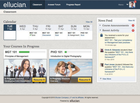 Homepage screen for Ellucian's recently acquired competency-based education LMS. (Graphic: Business Wire)