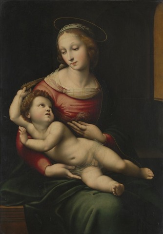 After Raphael 1483 - 1520 The Madonna and Child probably before 1600 Oil on wood 87 x 61.3 cm Wynn Ellis Bequest, 1876 © National Gallery, London