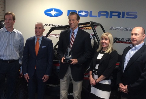 The National Association of Manufacturers (NAM) awarded Senator John Thune (R-SD) the NAM Award for Manufacturing Legislative Excellence at an event hosted by NAM member Polaris Industries in Vermillion, South Dakota. Pictured from left to right: Paul Eickhoff, Director, North American Distribution; Paul Vitrano, VP Global Government Relations; Senator John Thune - SD; Stacy Bogart, VP General Counsel; Jim Williams, VP, HR and Integration. (Polaris Industries)