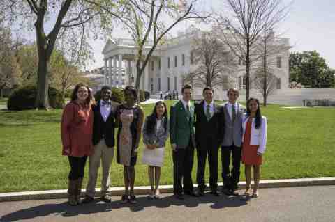 Andres Parra (third from R) of Tucson, Ariz., was one of eight 4-H youth leaders who met with President Obama in the Oval Office today to discuss youth-led efforts to tackle food insecurity, among other topics. Andres shared his involvement in 4-H Healthy Living initiatives supported by UnitedHealthcare, which has invested nearly than $3 million to support 4-H programs, reaching 200,000 young people and families through positive messages to combat obesity and promote healthy living. The company announced the expansion of its 4-H partnership with a $1 million grant to support the 4-H Food Smart Families initiative. L to R: Geneva Wright, Alaska; Kashawn Burke, Georgia; Gabrielle Parker, Maryland; Kimberly Lopez, Idaho; Jacob Jensen, Utah; Andres Parra, Arizona; Spencer Orr, Iowa; and Lorena Rivera, Idaho in front of the White House (Photo: Bob Nichols/USDA). 