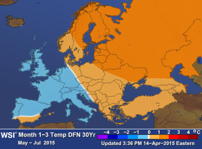 European seasonal forecast for May-July 2015 (Graphic: Business Wire)