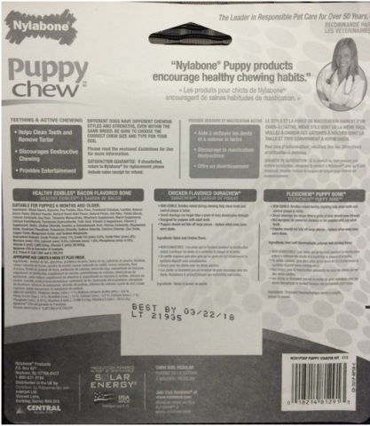 Back of Package - Nylabone Puppy Starter Kit Best by date 3/22/18 Lot No. 21935 (Photo: Business Wire)