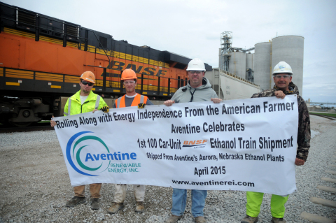 Aventine Renewable Energy celebrated its first unit-train ethanol shipment on April 19, heading from its plants in Aurora, Nebraska, to Birmingham, Alabama. Working in partnership with BNSF, Aventine can now ship 100-unit trains to destinations in California, Illinois, Texas and Alabama. (Photo: Kurt Johnson/Aurora Register)