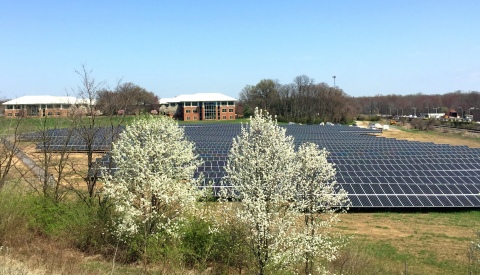 A 1.6-megawatt array of SolarWorld solar panels spreads over acreage on the campus of the U.S. Department of Agriculture's George Washington Carver Center. The system of 72-cell modules was commissioned on Wednesday, April 22. (Photo: Business Wire)