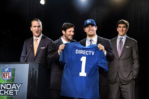 DIRECTV DRAFT DAY - Dallas Cowboys QB Tony Romo (center left) and Indianapolis Colts QB Andrew Luck (center right) are the newest members of the NFL SUNDAY TICKET spokesmen team – joining long-time DIRECTV pitchmen Peyton and Eli Manning. (Photo: Business Wire)