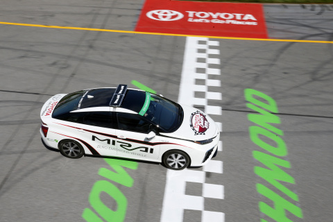 The 2016 Toyota Mirai will be the first hydrogen fuel cell vehicle to pace a NASCAR race in the Toyota Owners 400 NASCAR Sprint Cup Series race at Richmond International Raceway on Saturday night, April 25. (Courtesy Toyota Racing)