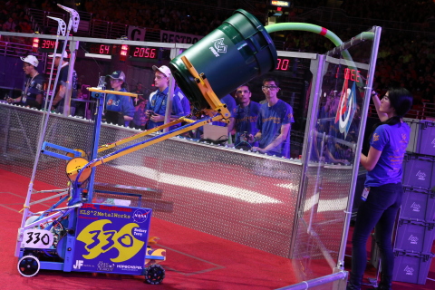The four-day FIRST® Championship event came down to a heart-pounding conclusion in front of a roaring crowd of more than 40,000 when four teams from League City, Texas, and Davis, Clovis, and Palmdale, California of the Newton Subdivision won the coveted FIRST® Robotics Competition (FRC®) Championship Winning Alliance. (Photo: Business Wire)