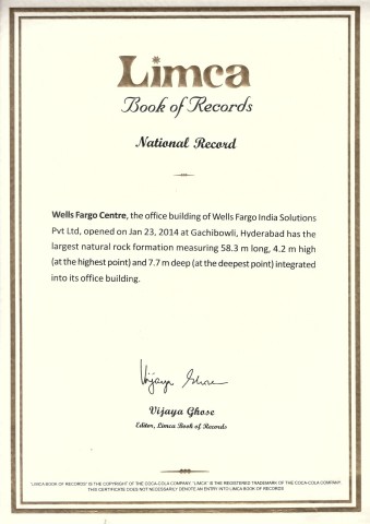 A scanned copy of the certificate featuring the Wells Fargo Enterprise Global Services - India record claim of "Largest natural rock formation integrated into an workspace" in the 2015 edition of the Limca Book of Records. (Photo: Business Wire) 