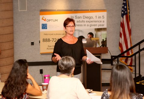 Dona Dmitrovic, MHS of Optum, leads one of several free suicide prevention and mental health training courses being offered by Optum and the San Diego County Suicide Prevention Council during Mental Health Awareness Month. The training courses are designed to teach participants about issues surrounding mental health, suicide prevention, detecting common signs and symptoms, and how to respond. In San Diego, one in five adults experience a mental illness in a given year, and one in four young adults ages 18-24 has a diagnosable mental illness (Photo: Jamie Scott Lytle).