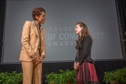 "Good Morning America" co-anchor Robin Roberts congratulates Lauren Knoll, 13, of Fargo (right) on being named one of North Dakota's top two youth volunteers for 2015 by The Prudential Spirit of Community Awards. Lauren was honored at a ceremony on Sunday, May 3 at the Smithsonian's National Museum of Natural History, where she received a $1,000 award. (Photo: Zach Harrison Photography)