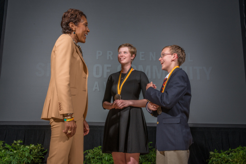 "Good Morning America" co-anchor Robin Roberts congratulates Emma Buchanan, 18, of Glade Spring (center) and Thomas (Tucker) Durham, 13, of Glen Allen (right) on being named Virginia's top two youth volunteers for 2015 by The Prudential Spirit of Community Awards. Emma and Tucker were honored at a ceremony on Sunday, May 3 at the Smithsonian's National Museum of Natural History, where they each received a $1,000 award. (Photo: Zach Harrison Photography)