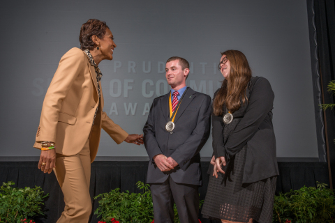 "Good Morning America" co-anchor Robin Roberts congratulates Brian Salit, 18, of Seekonk (center) and Megan O'Donovan, 13, of Mendon (right) on being named Massachusetts' top two youth volunteers for 2015 by The Prudential Spirit of Community Awards. Brian and Megan were honored at a ceremony on Sunday, May 3 at the Smithsonian's National Museum of Natural History, where they each received a $1,000 award. (Photo: Zach Harrison Photography)