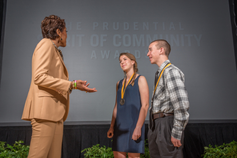 "Good Morning America" co-anchor Robin Roberts congratulates Meghan Charest, 17, of Falmouth (center) and Kevin Ayotte, 14, of Madawaska (right) on being named Maine's top two youth volunteers for 2015 by The Prudential Spirit of Community Awards. Meghan and Kevin were honored at a ceremony on Sunday, May 3 at the Smithsonian's National Museum of Natural History, where they each received a $1,000 award. (Photo: Zach Harrison Photography)