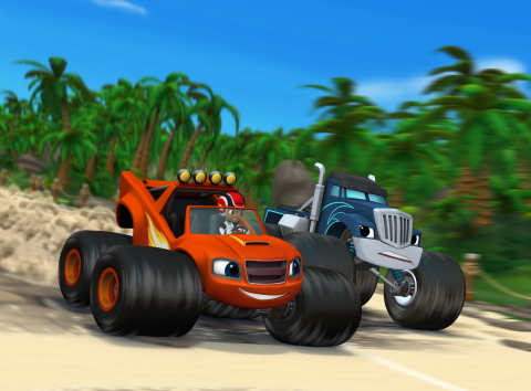 Caption: A.J., Blaze and Crusher in Blaze and the Monster Machines “Dragon Island Duel” on Nickelodeon. Photo: Nickelodeon. ©2015 Viacom International, Inc. All Rights Reserved.