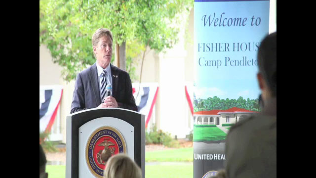 Kenneth Fisher, Chairman and CEO of Fisher House Foundation, speaks to a crowd of military members, families and community leaders at the dedication ceremony of the new Fisher House at Camp Pendleton. United Health Foundation provided a $2.65 million grant to fully fund the construction of the Pendleton Fisher House, the first to be funded through the support of a single donor. The new, eight-suite, 8,000-plus square-foot home is expected to serve more than 280 families and provide nearly 3,000 nights of lodging annually, saving families more than $360,000 a year in lodging expenses (Video: Pedja Radenkovic).