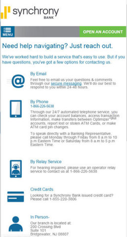 Synchrony Bank Mobile Contact Us Page