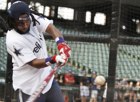 J.J. Wilcox steps up to the plate at Globe Life Park in Arlington, Texas, during the 4th annual Reliant Home Run Derby on May 19, 2015. Dallas Cowboys players helped raise $50,000 for the Gene and Jerry Jones Family North Texas Youth Education Town of The Salvation Army Arlington. (Photo: Business Wire)