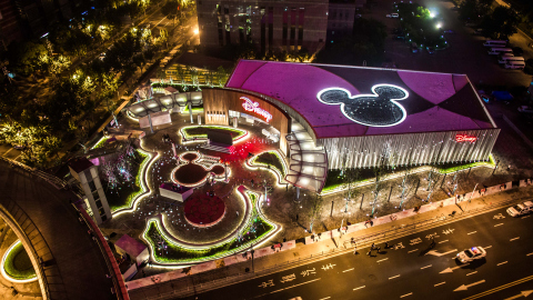 Nighttime aerial view of the Shanghai Disney Store. The store, located in the Lujiazui area of Pudong in Shanghai, opened its doors on Wednesday, May 20, 2015. It is the first Disney Store in China and largest in the world. Photo courtesy Disney Store China.