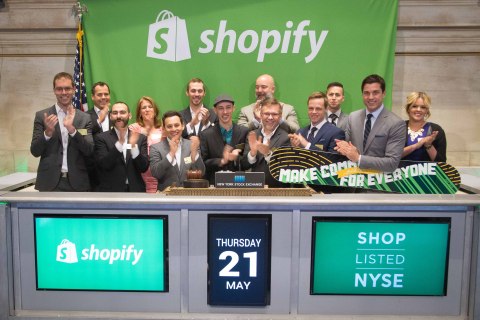 Shopify Inc. CEO and founder Tobi Lutke, along with company executives, rings the NYSE Opening Bell(R) in celebration of Shopify's IPO (Photo: Business Wire)