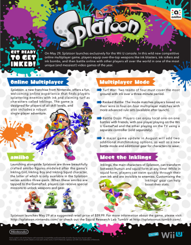 On May 29, Splatoon launches exclusively for the Wii U console. In this wild new competitive online multiplayer game, players equip over-the-top weapons like ink blasters, ink rollers and ink bombs, and then battle online with other players all over the world in one of the most unique (and messiest!) video games of the year. (Photo: Business Wire)
