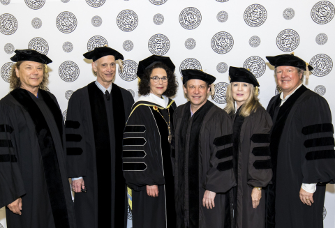 Rhode Island School of Design President Rosanne Somerson with commencement speaker and honorary degree recipient John Waters, as well as honorary degree recipients writer Adam Gopnik and former Talking Heads members Chris Frantz, Tina Weymouth and Jerry Harrison. (Photo: Business Wire)