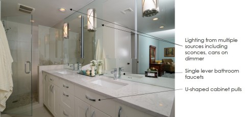 Bathroom: after - U-shaped cabinet pulls - Single lever bathroom faucets - Lighting from multiple sources including sconces, cans on dimmer - Handheld showerhead with hose (Photo: Kerrie Kelly)