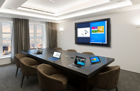 Crestron meeting room technology works natively with Microsoft large format touch appliance to maximize room usage, efficiency, and productivity (Photo: Business Wire)