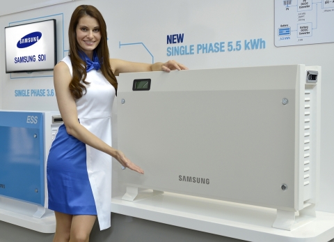 Samsung SDI (KRX:006400) unveiled two residential energy storage systems (ESS), 5.5kWh and 8.0kWh, at Intersolar Europe 2015 in Munich, Germany. (Photo: Business Wire)