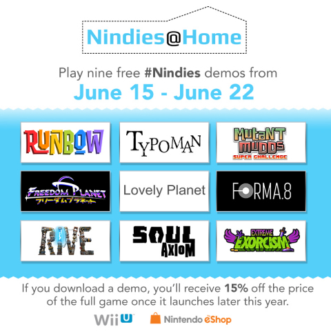 For a limited time only, the Nindies@Home program lets people download free demos of nine upcoming Nindie games from the Nintendo eShop on Wii U between June 15 and 8:59 a.m. PT on June 22. (Photo: Business Wire)