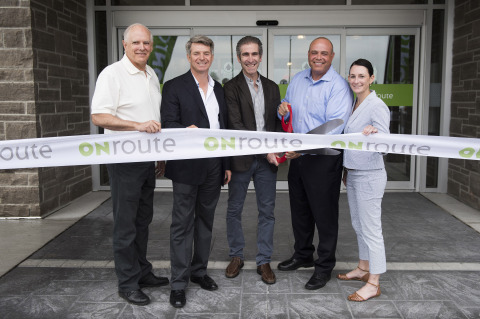 Cutting the ribbon at the Grand Opening of the 20th ONroute Service Centre in Innisfil, ON, (l-r) Bruce Allen, President, Canadian Tire Petroleum; Wayne Carson, President, Kilmer Infrastructure Developments Inc.; ONroute Chairman and Vice Chairman of Kilmer Van Nostrand Co. Limited, Ken Tanenbaum; HMS Host Vice President Northeastern US and Canada, Neil Thompson; HMS Host Vice President, Business Development, Amy Dunne. (Photo: Arthur Mola)