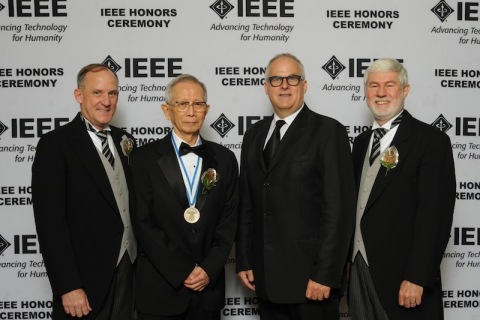 Dr. Takuyo Aoyagi (second from left), senior manager at Nihon Kohden, receives the 2015 Institute of Electrical & Electronic Engineers (IEEE) “Medal for Innovations in Healthcare Technology,” for changing the face of modern surgery with the invention of pulse oximetry. Considered the most important lifesaving practice during surgery by the World Health Organization, pulse oximetry is recognized as the standard of care for the assessment of oxygenation, spanning virtually every domain of medical practice. Dr. Aoyagi is joined in the picture by (left to right) IEEE President-Elect Barry Shoop, IEEE EMB President Andrew Laine and IEEE President Howard Michel. (Photo: Business Wire) 