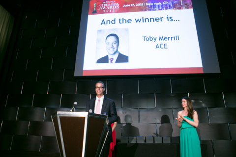 Toby Merrill, Senior Vice President, Global Cyber Practice Leader, ACE Group, accepts 2015 Advisen Cyber Risk Industry Person of the Year for the U.S. at award ceremonies on June 17, 2015 in New York City (Photo: Business Wire)