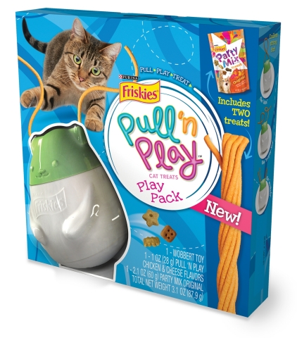 Friskies introduces Pull ‘n Play, the latest innovation in cat snacks with the first-ever tender, edible strings for cats. Friskies Pull ‘n Play, which is available now at retailers nationwide, can be used alone or in conjunction with Wobbert, a wobbly cat toy that can accommodate two treats at once: yummy Pull ‘n Play strings fit into Wobbert’s ears and Friskies® Party Mix™ treats go into his belly.