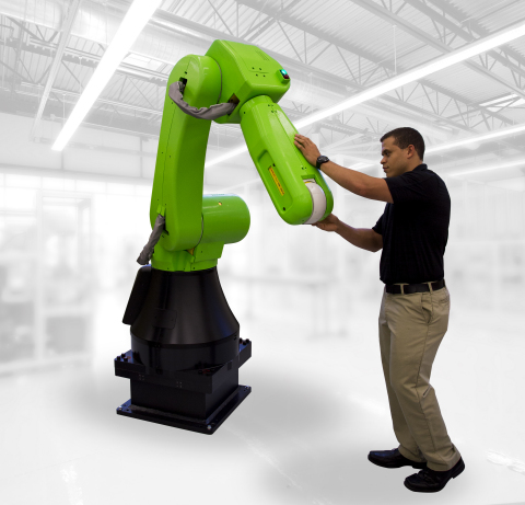 The FANUC CR-35iA collaborative robot allows shared workspace between an operator and the interactive robot. (Photo: Business Wire)