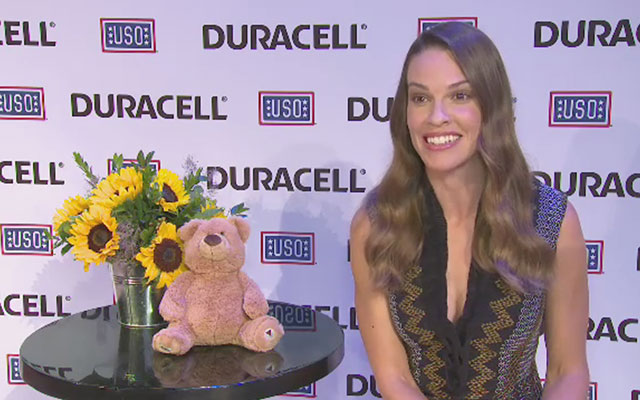Hilary Swank, actress and daughter of a retired Air Force Senior Master Sergeant, joins a panel discussion following the premiere of Duracell's new film, The Teddy Bear, that shines a light on military families and supports the USO, Thursday, July 2, 2015, at The Times Center in New York.   Joining Hilary Swank are Robert and Denise Nilson, the military family that inspired the film, Jeff Jarrett of Duracell, and Alan Reyes of the USO.  The film was released in time for the July Fourth holiday weekend and can be viewed at youtube.com/Duracell.