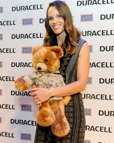 Hilary Swank, actress and daughter of a retired Air Force Senior Master Sergeant, attends the premiere of Duracell's new film, The Teddy Bear, that shines a light on military families and supports the USO, Thursday, July 2, 2015, at The Times Center in New York. The film, inspired by a true story, was released in time for the July Fourth holiday weekend and can be viewed at youtube.com/Duracell. (Photo by Diane Bondareff/Invision for Duracell/AP Images)