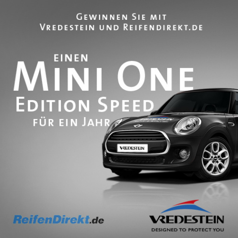 ReifenDirekt.de und Vredestein: Teilnehmen und ein Jahr lang Fahrspaß im Mini One Edition Speed gewinnen. Photo: Delticom AG, Hannover