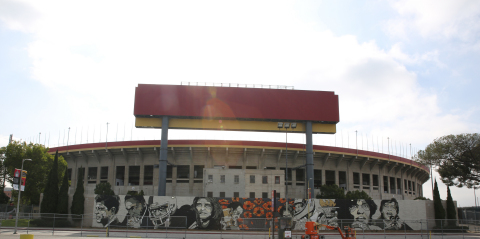 Image Title: 2015 Toyota - Special Olympics World Games Los Angeles - David Flores 'World Stage Legacy' Mural Image; Caption: The "World Stage Legacy" mural by David Flores located at the Los Angeles Memorial Coliseum is one of three murals Image Title: 2015 Toyota - Special Olympics World Games Los Angeles - David Flores 'World Stage Legacy' Mural; Image Caption: The "World Stage Legacy" mural by David Flores located at the Los Angeles Memorial Coliseum is one of three murals inspired by the 2015 Special Olympics World Games. Toyota partnered with the Mural Conservancy of Los Angeles to produce and gift the artwork ahead of the global sporting event. (Photo: Emily Reed)