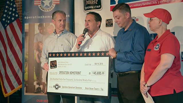 Brick House Tavern + Tap salutes Operation Homefront with a donation of $145,695 and awards a deserving military family with a mortgage-free home from Operation Homefront and Chase.