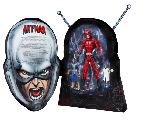 MARVEL’S ANT-MAN Action Figure Pack available at Booth #3329 at Comic-Con International in San Diego. Witness the size-shifting powers of Marvel’s ANT-MAN in this special edition action figure pack that includes multiple scales of figures! Featuring five iterations of ANT-MAN from throughout his long Marvel history, this special edition package features action figures t that depict the stages in which Ant-Man “shrinks” in size (and increase in power!) – 12-inch GIANT-MAN, 6-inch GOLIATH, 3.75-inch HANK PYM (in lab coat, with helmeted and non-helmeted heads), 1.5-inch SCOTT LANG ANT-MAN (non-articulated) and 1-inch HANK PYM ANT-MAN (non-articulated). The figures come in special packaging designed to look like ANT-MAN’s helmet – complete with swivel antennae! Following the convention, a limited number will be available on HasbroToyShop.com for the approximate retail price of $64.99. (Photo: Business Wire)